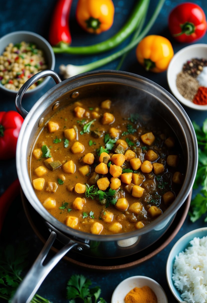 A steaming pot of chickpea curry surrounded by colorful spices and fresh vegetables