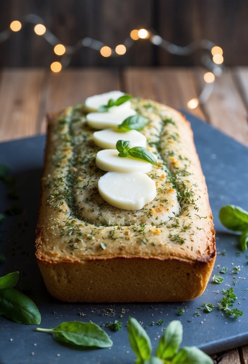 A rustic loaf of Italian herb bread topped with oregano and mozzarella, fresh from the oven