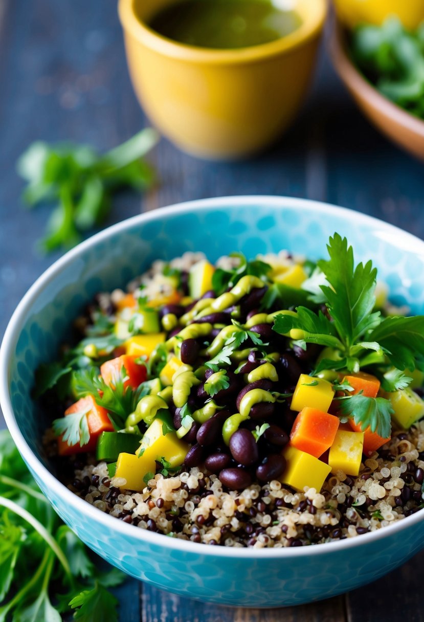 A colorful bowl filled with quinoa, black beans, diced vegetables, and fresh herbs, drizzled with a tangy vinaigrette