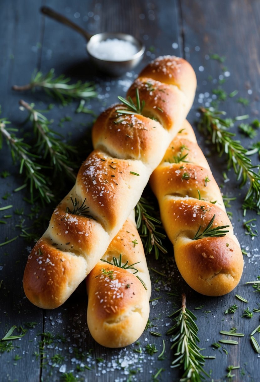 Freshly baked breadsticks with rosemary and sea salt, surrounded by scattered Italian herbs