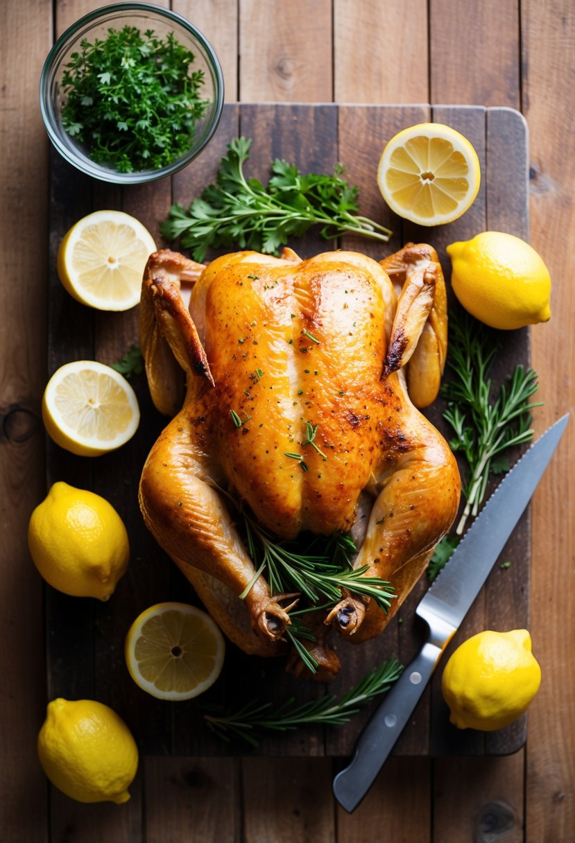 A whole roasted chicken surrounded by fresh lemons and herbs on a rustic wooden cutting board