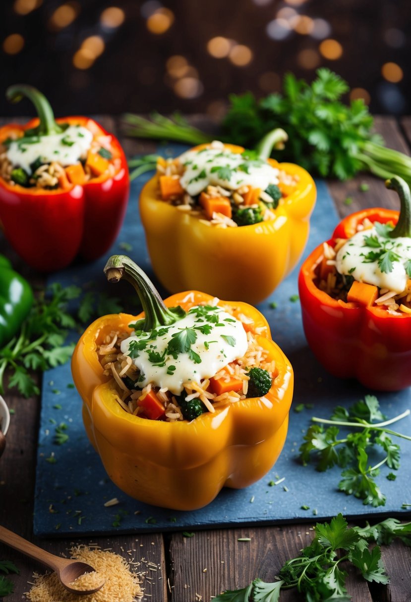 Bell peppers stuffed with colorful vegetables, rice, and cheese, arranged on a rustic wooden table with fresh herbs and spices scattered around