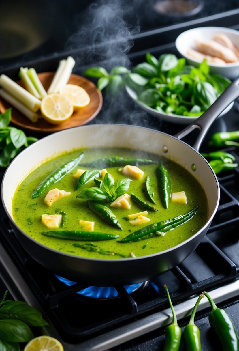 A steaming pot of Thai Green Curry simmers on a stove, surrounded by fresh ingredients like lemongrass, basil, and green chilies