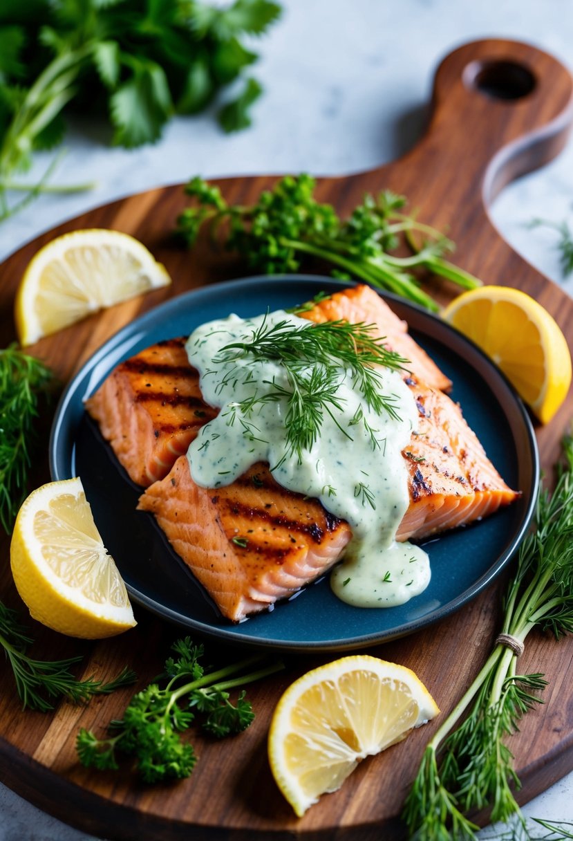 A plate of grilled salmon topped with dill sauce, surrounded by fresh herbs and lemon wedges on a wooden serving board