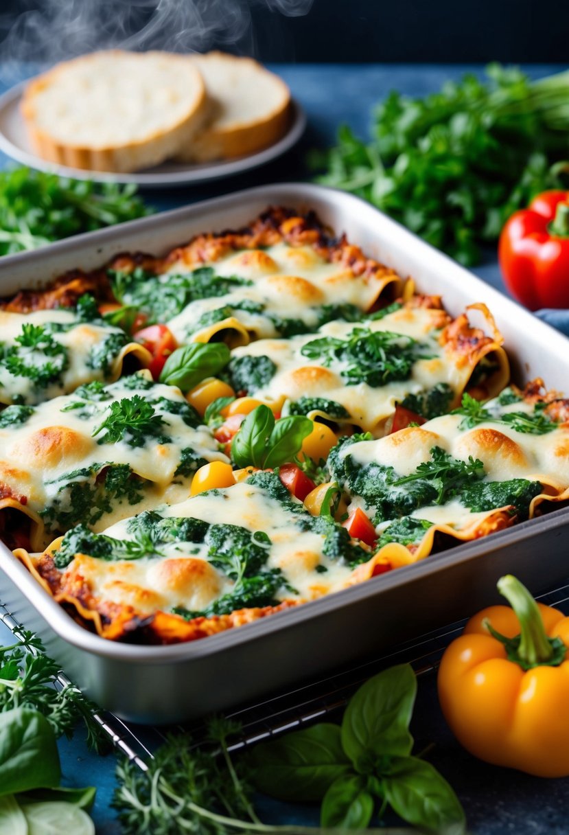 A steaming tray of spinach and ricotta lasagna, surrounded by fresh herbs and colorful vegetables