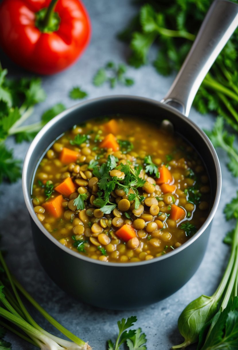 A steaming pot of lentil soup surrounded by fresh vegetables and herbs