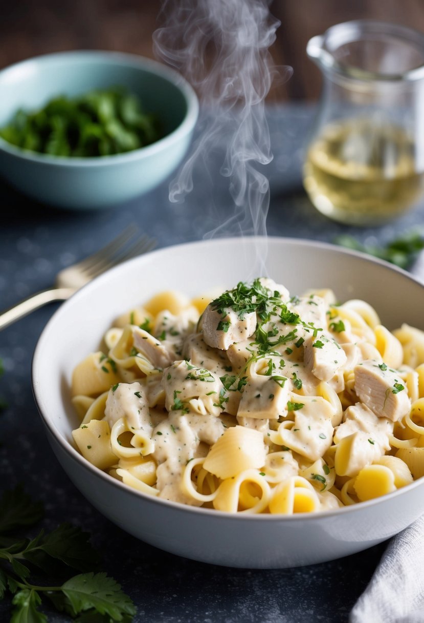 A steaming bowl of creamy Chicken Alfredo with pasta and a sprinkle of fresh herbs on top