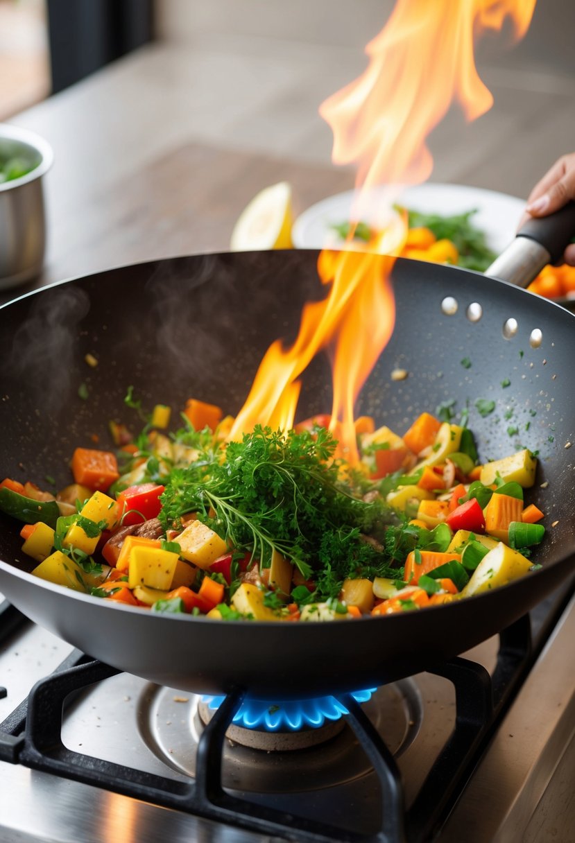 A sizzling wok filled with colorful vegetables and aromatic herbs being tossed together over a high flame