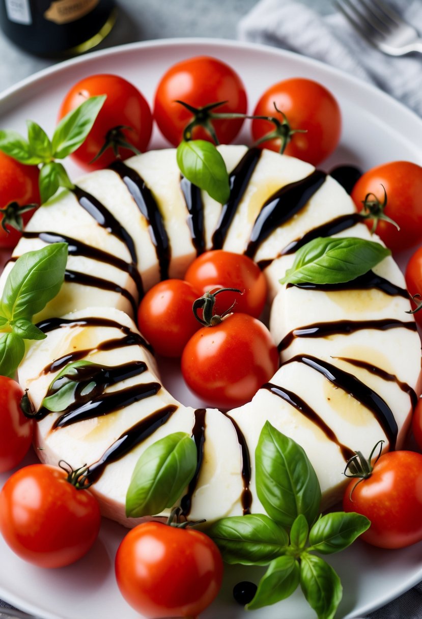 Fresh basil, ripe tomatoes, and creamy mozzarella arranged in a circular pattern on a white plate, drizzled with balsamic glaze