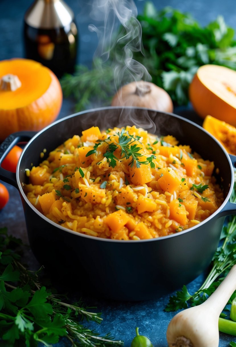 A steaming pot of butternut squash risotto, surrounded by fresh herbs and colorful vegetables