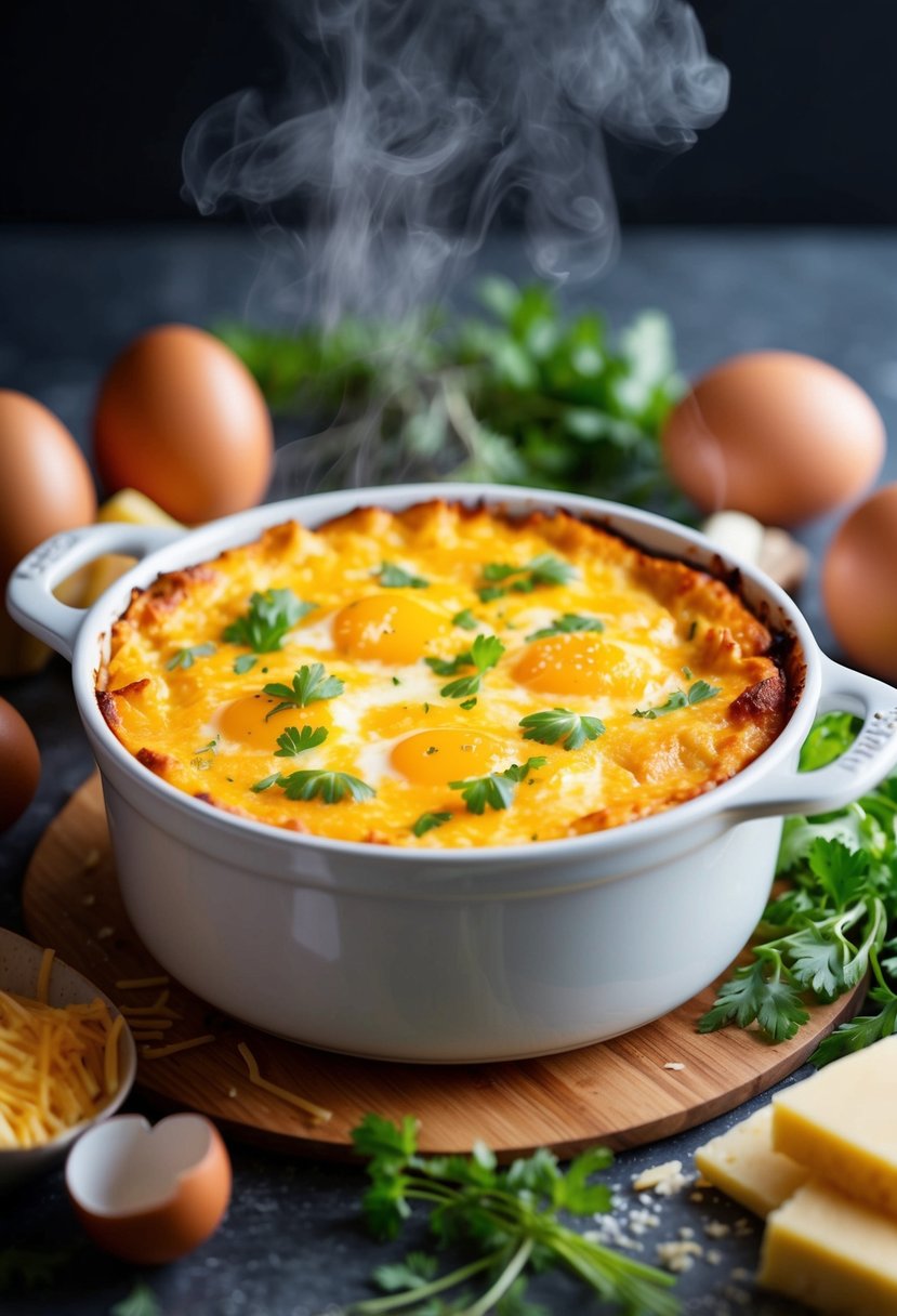 A steaming casserole dish filled with a golden-brown egg and cheese casserole, surrounded by fresh ingredients like eggs, cheese, and herbs