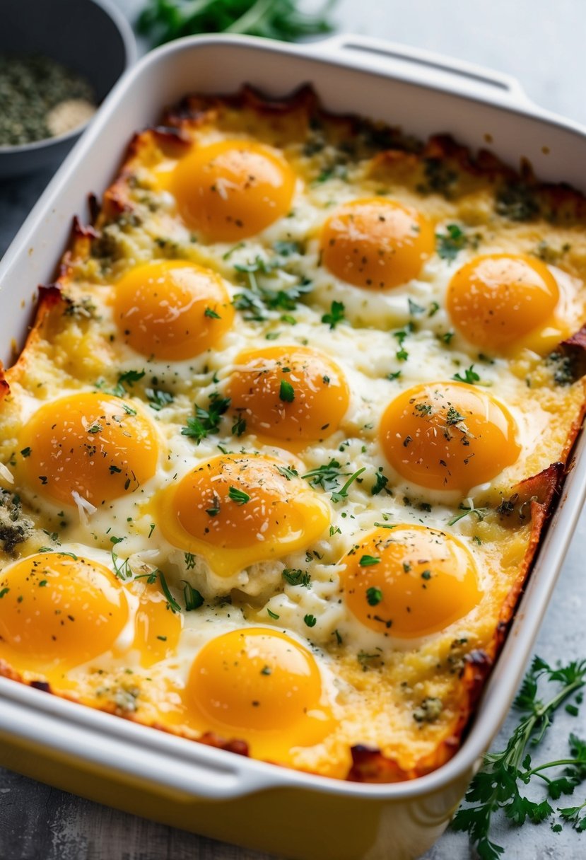 A golden-brown casserole dish filled with layers of fluffy eggs, gooey melted cheese, and sprinkled with herbs