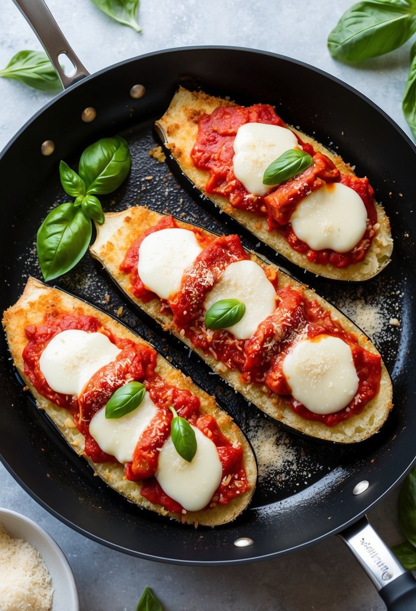 A sizzling pan holds breaded eggplant slices topped with marinara sauce and melted cheese, surrounded by fresh basil and a sprinkling of Parmesan