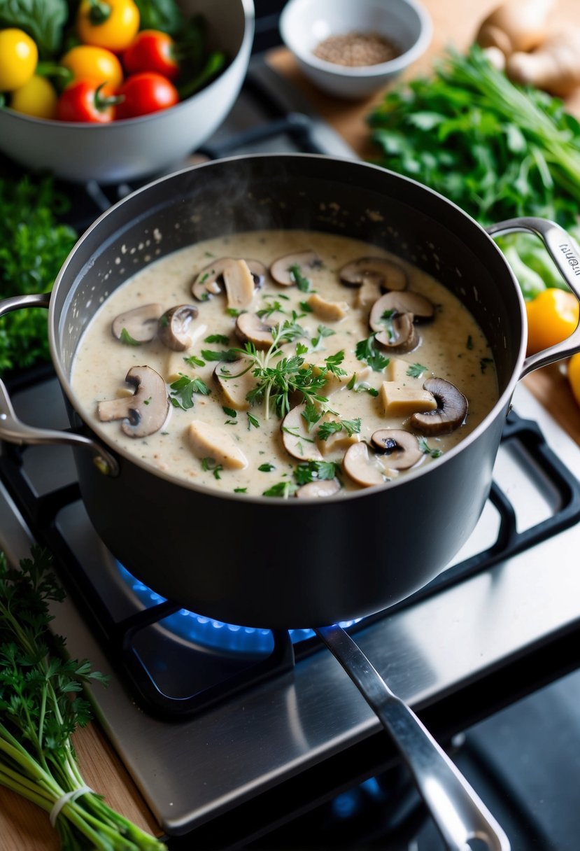 A pot of creamy mushroom stroganoff simmers on a stove, surrounded by fresh herbs and vegetables