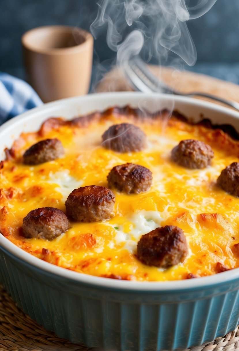 A golden-brown cheesy sausage and egg bake sits in a ceramic casserole dish, steam rising from its bubbling surface