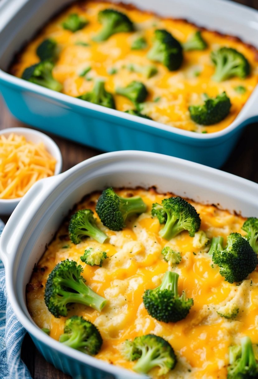 A baking dish filled with a broccoli cheddar breakfast casserole, with eggs, cheese, and broccoli mixed together, ready to be baked