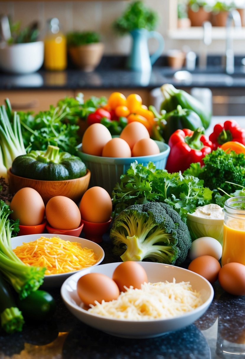 A colorful array of fresh vegetables, eggs, and cheese arranged on a kitchen counter, ready to be mixed and baked into a delicious casserole