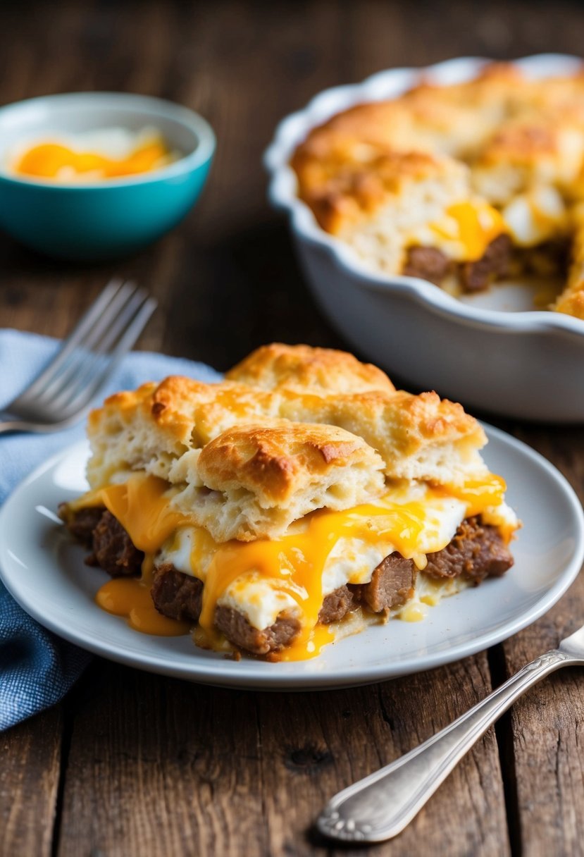 A golden-brown biscuit casserole, filled with layers of sausage, fluffy eggs, and gooey melted cheese, sits on a rustic wooden table