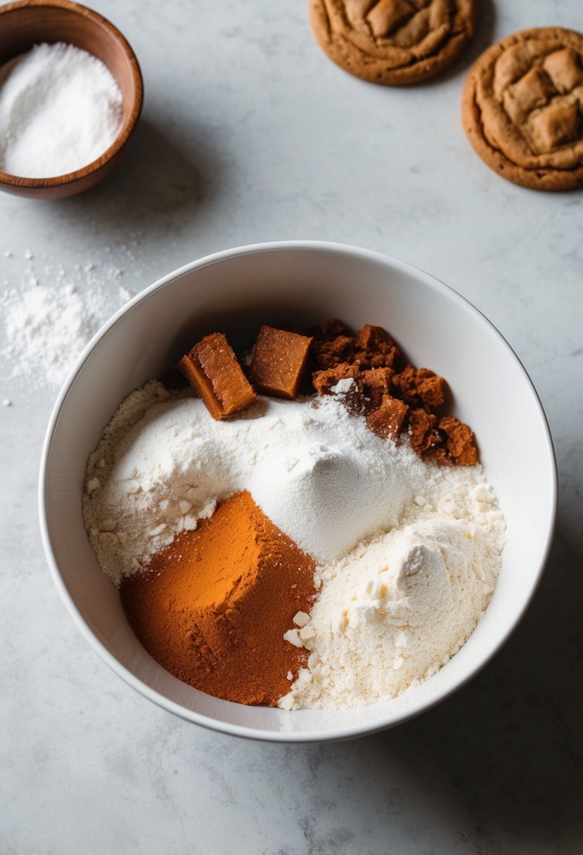 A mixing bowl filled with molasses, flour, and other ingredients for cookie recipes