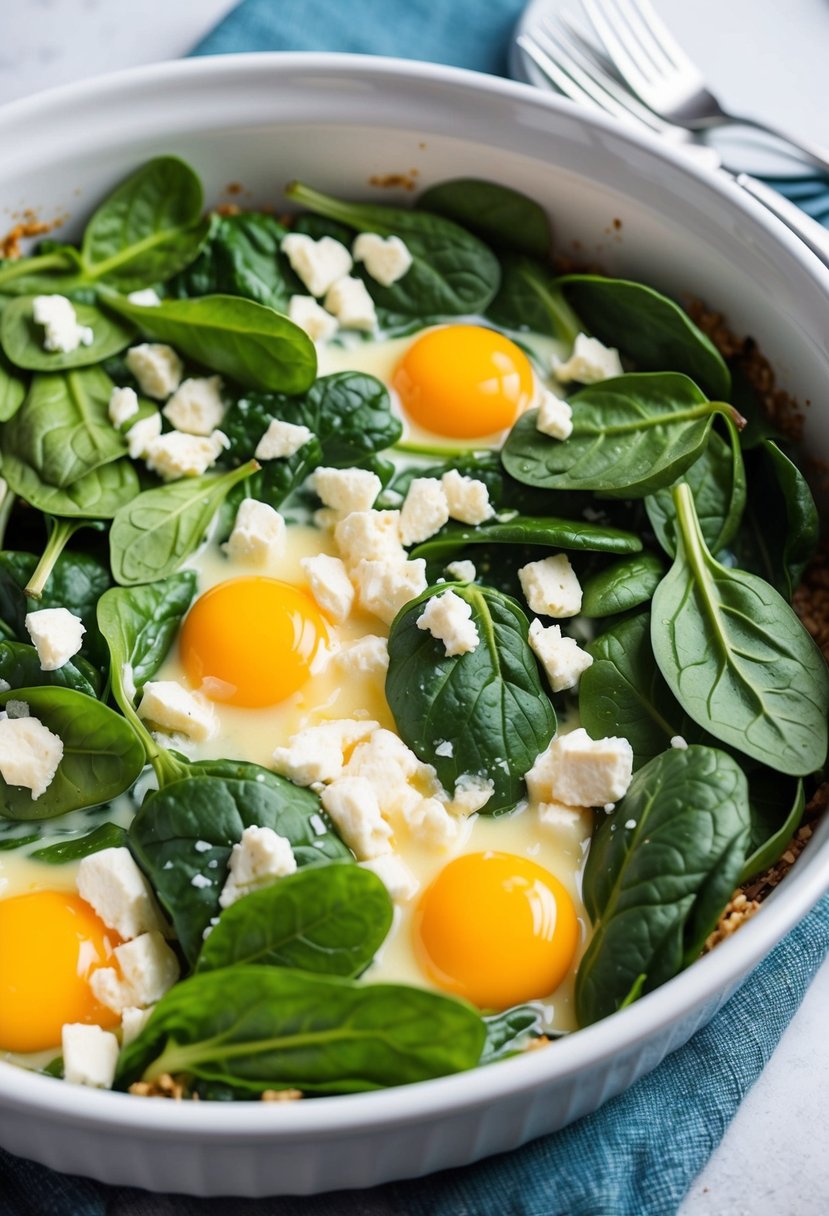 A colorful array of fresh spinach leaves and crumbled feta cheese mixed with beaten eggs in a baking dish, ready to be baked into a delicious casserole