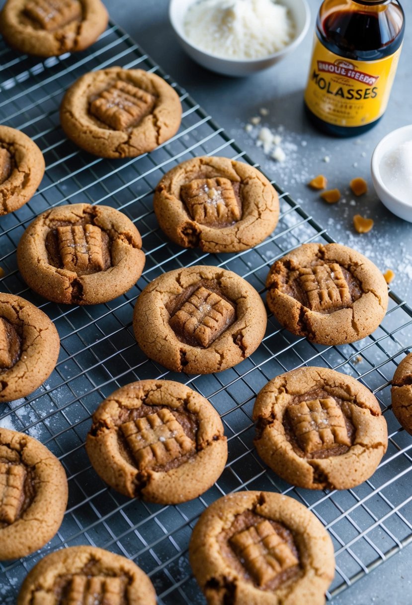 A batch of chewy molasses cookies cooling on a wire rack, surrounded by scattered ingredients like flour, sugar, and a bottle of molasses