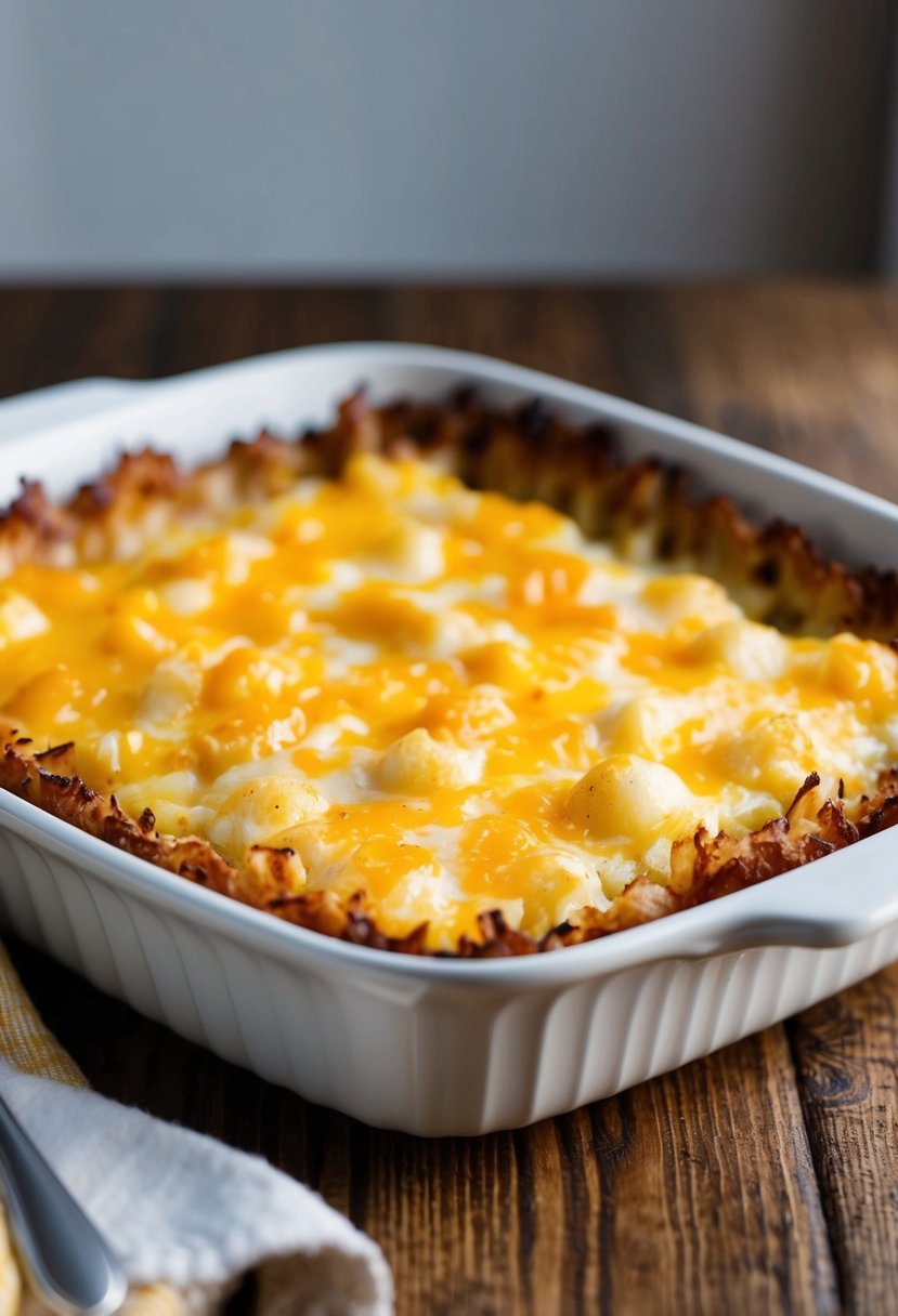 A golden-brown hashbrown crust encases a fluffy, cheesy egg filling in a baking dish