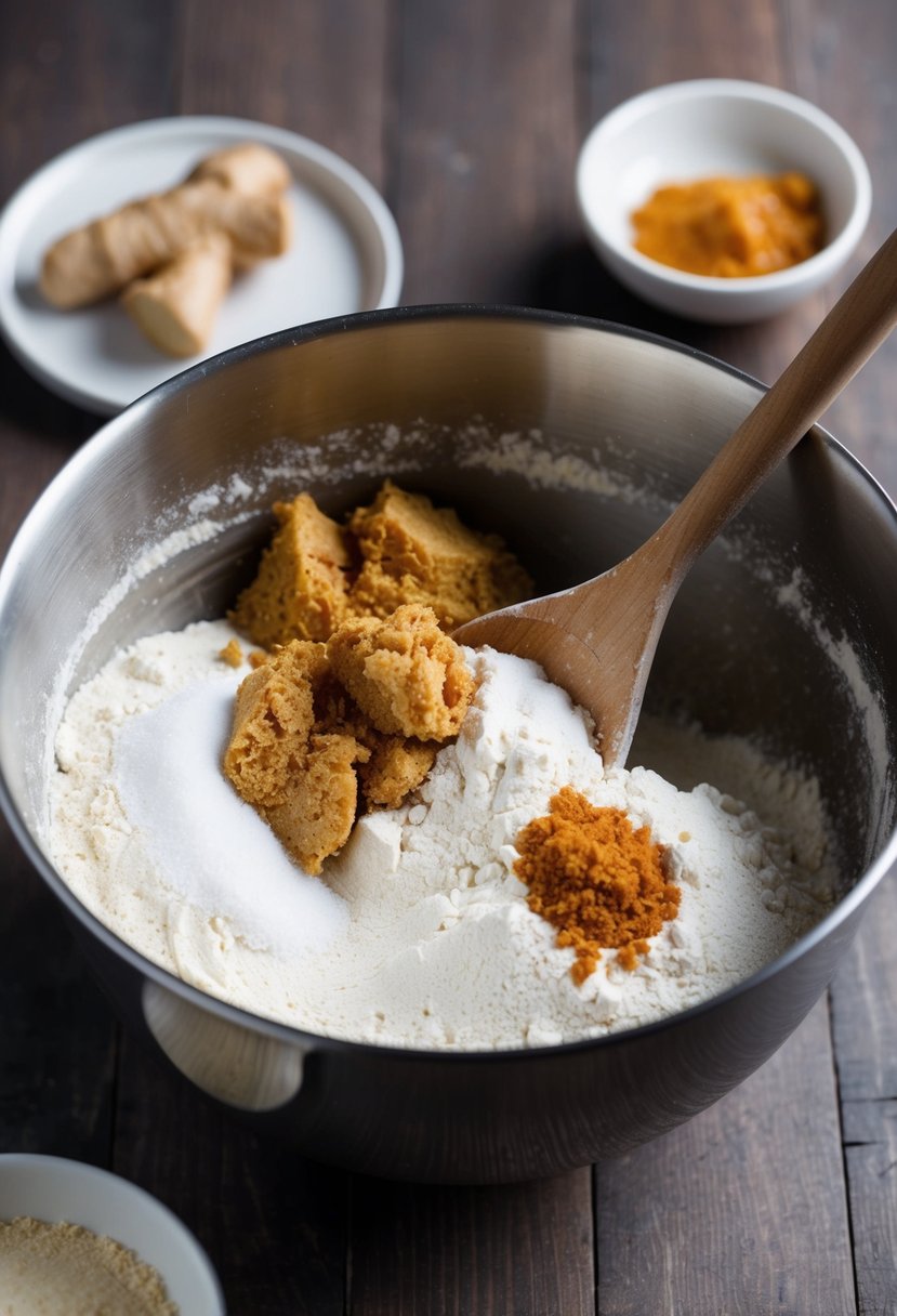 A mixing bowl filled with flour, sugar, molasses, and ginger. A wooden spoon stirs the ingredients together, creating a thick cookie dough