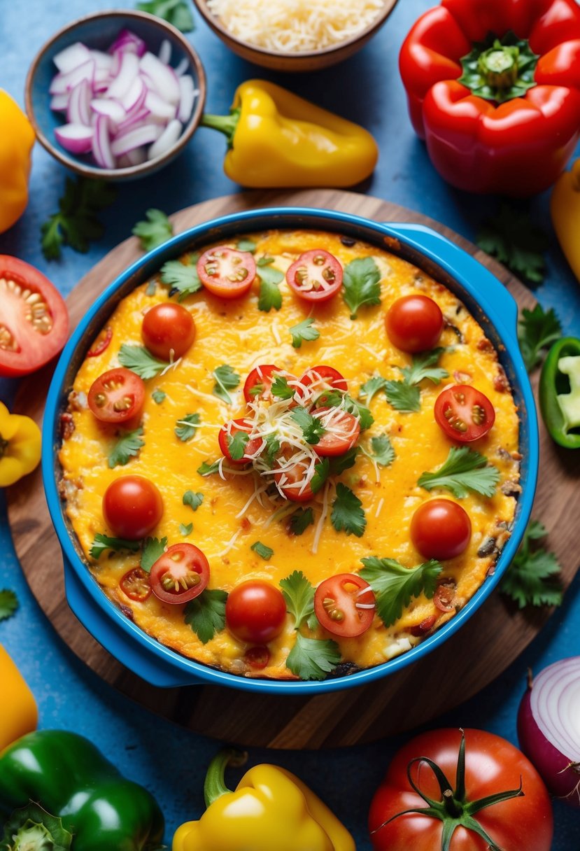 A colorful Southwest Egg and Cheese Casserole surrounded by vibrant ingredients like bell peppers, onions, and tomatoes, with a sprinkle of cheese on top