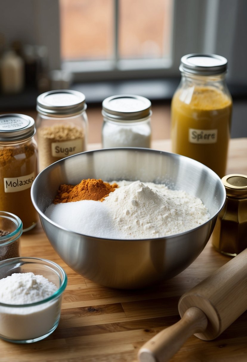 A mixing bowl filled with flour, sugar, and molasses, surrounded by jars of spices and a rolling pin on a wooden countertop