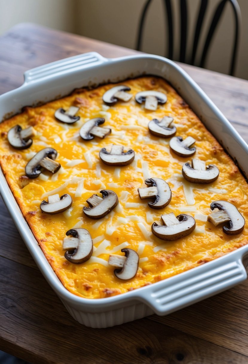 A golden-brown egg and cheese casserole, topped with sliced mushrooms and melted Swiss cheese, sits in a white ceramic baking dish on a wooden table