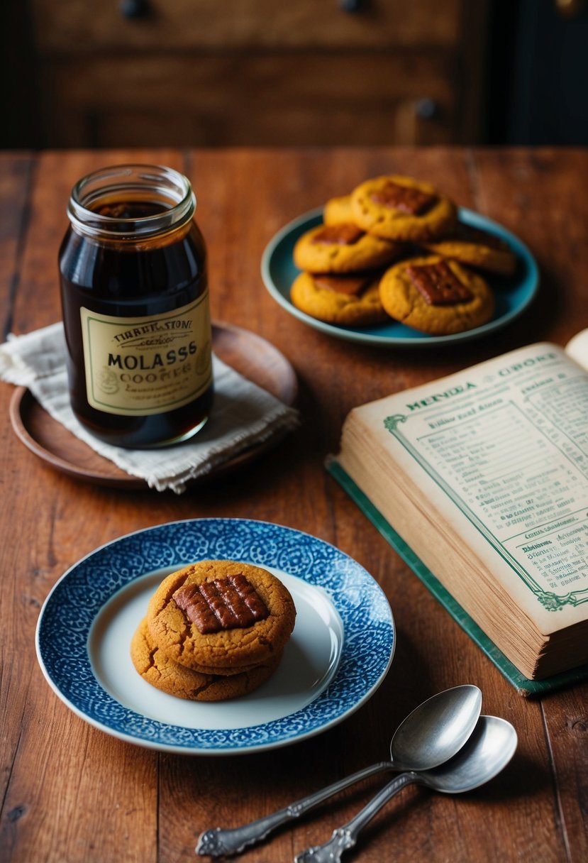 A warm, rustic kitchen table with a plate of soft pumpkin molasses cookies and a jar of molasses next to a vintage recipe book