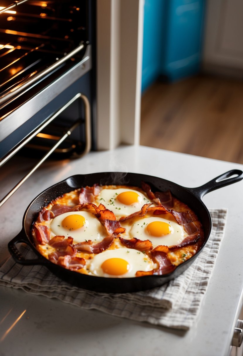 A sizzling skillet with layers of bacon, eggs, and cheese baking in the oven