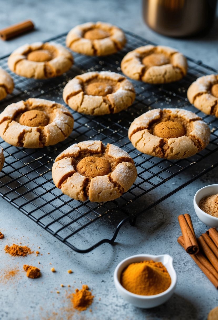 A rustic kitchen counter with a cooling rack of spiced molasses crinkle cookies surrounded by scattered ingredients like cinnamon and molasses