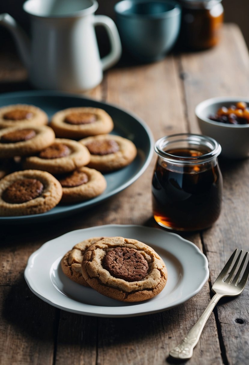 A rustic kitchen table with a plate of old-fashioned molasses cookies and a jar of molasses next to it