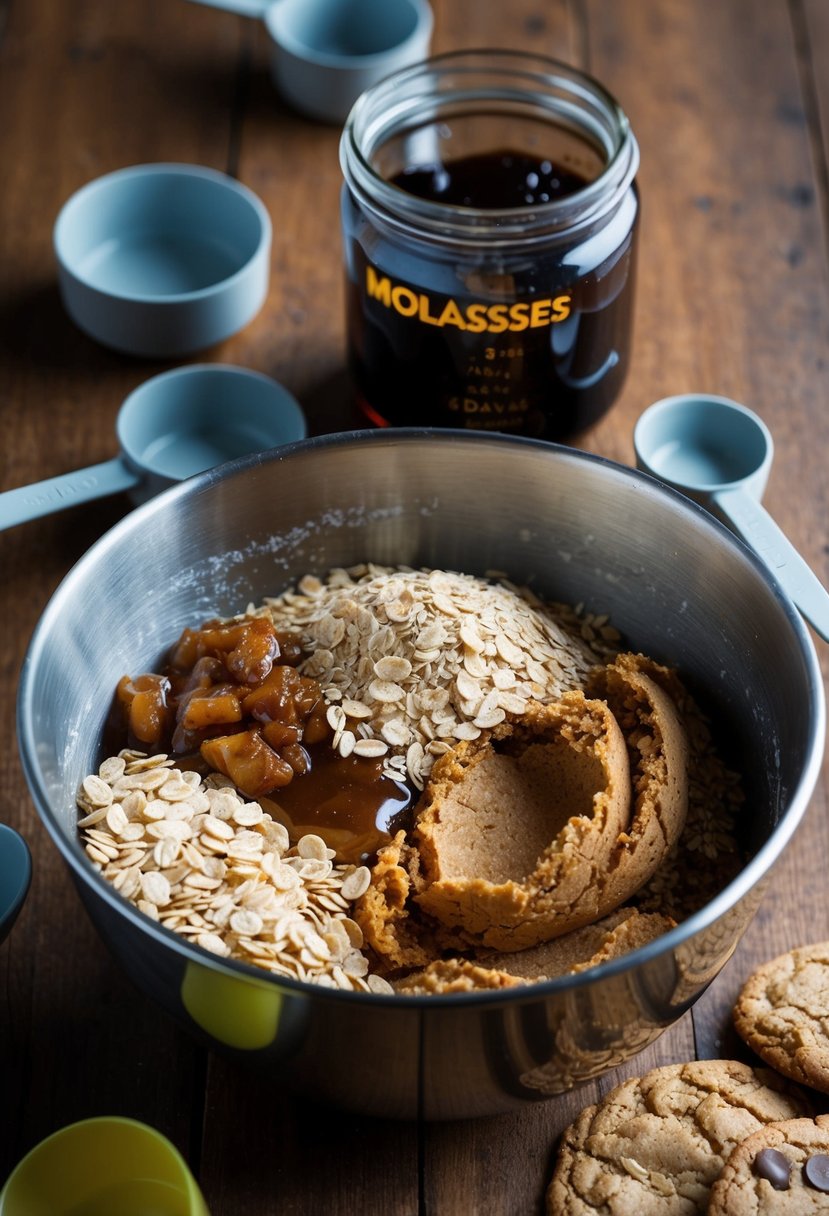 A mixing bowl filled with oats, molasses, and cookie dough, surrounded by measuring cups and a jar of molasses