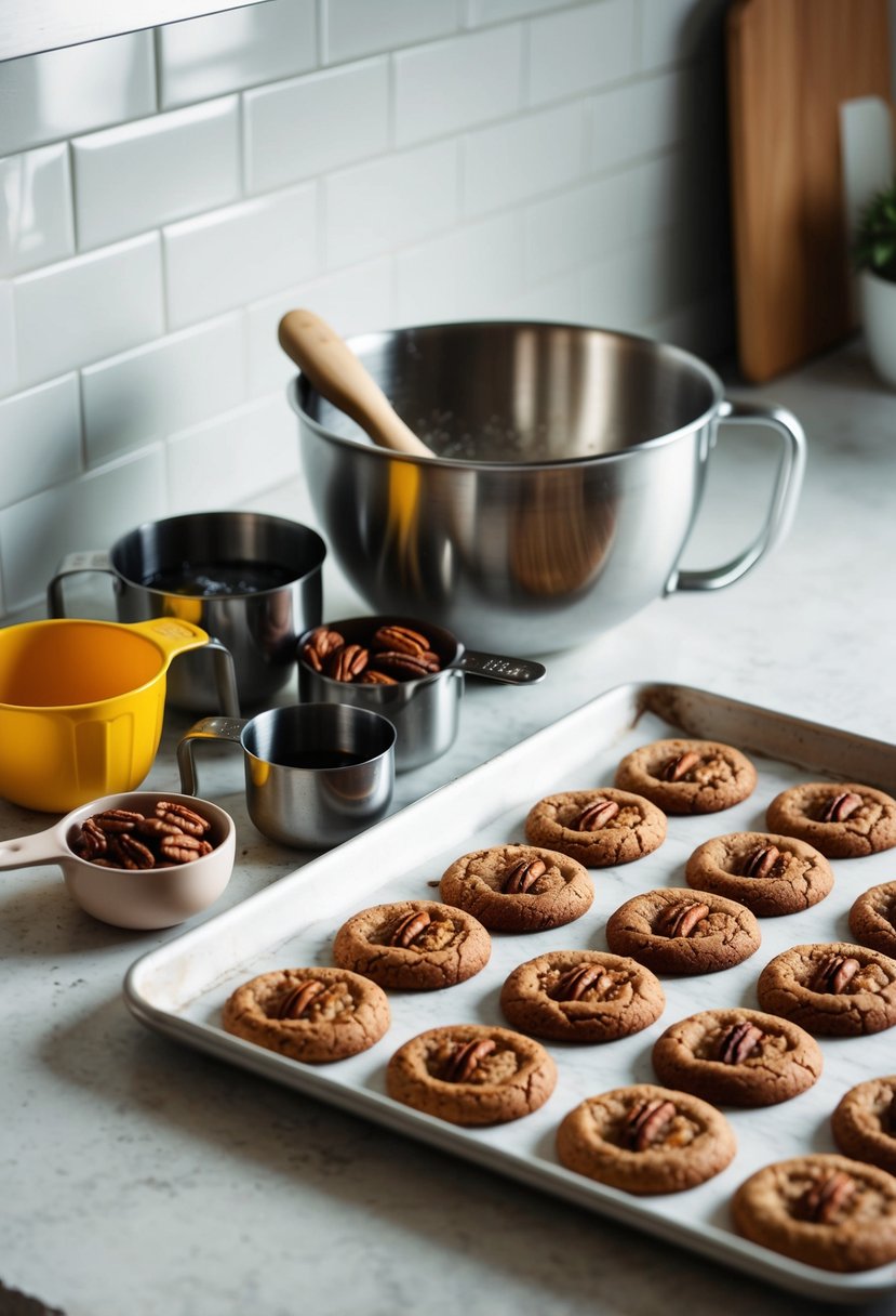 A kitchen counter with a mixing bowl, measuring cups, molasses, pecans, and a tray of freshly baked molasses pecan cookies