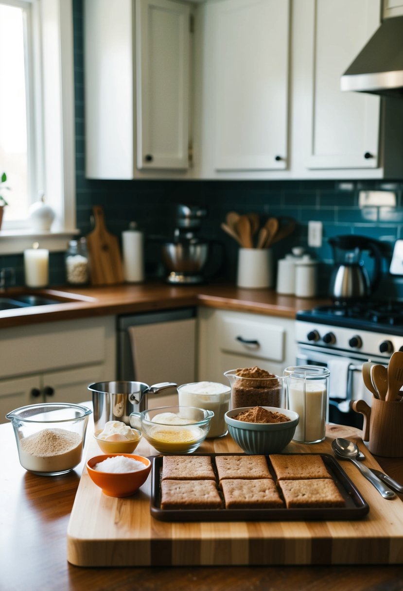 A kitchen counter with various ingredients and utensils for making gingerbread cookie bars