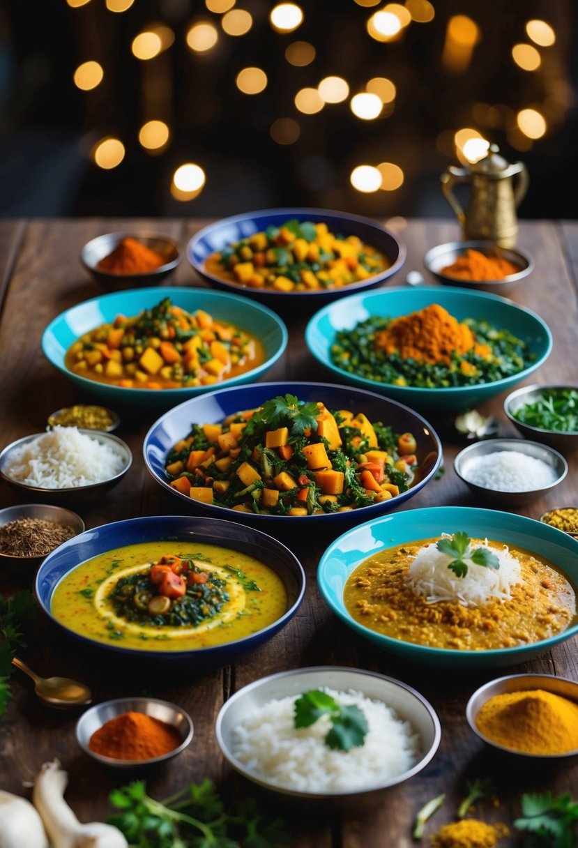 A table set with colorful vegetarian Kashmiri dishes, surrounded by traditional spices and ingredients