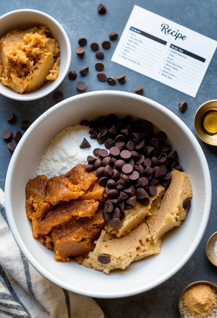 A mixing bowl filled with molasses, chocolate chips, and cookie dough, surrounded by scattered ingredients and a recipe card