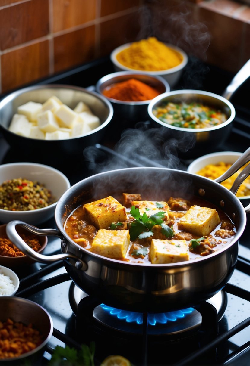 A steaming pot of Rogan Josh and Paneer Kashmiri simmering on a stove. A variety of colorful spices and ingredients surround the cooking area