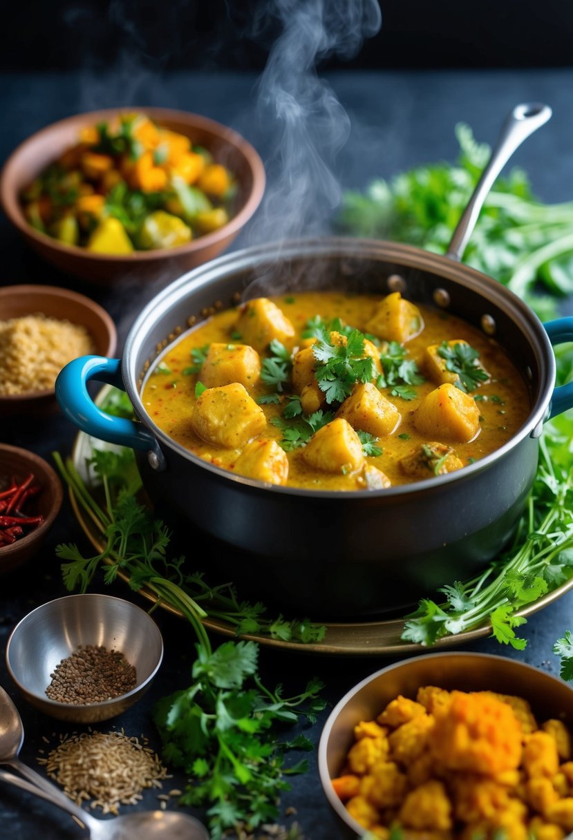 A steaming pot of Kashmiri Dum Aloo surrounded by vibrant spices and fresh herbs