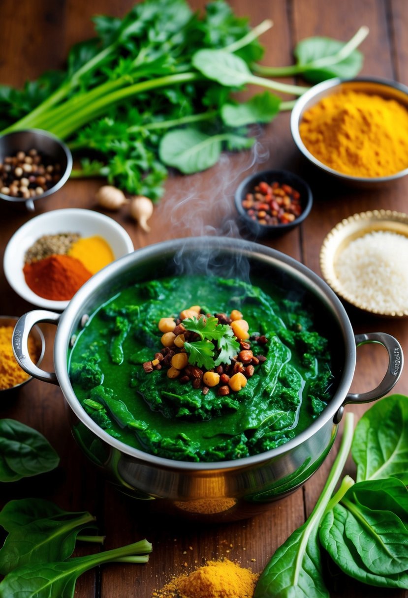 A steaming pot of Haak Saag surrounded by traditional Kashmiri spices and ingredients, with vibrant green spinach leaves and mustard greens