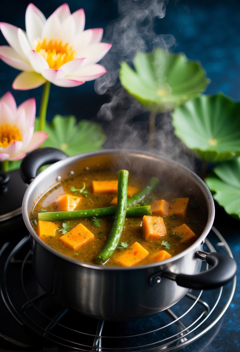 A steaming pot of Nadru Yakhni simmering with lotus stems and aromatic spices