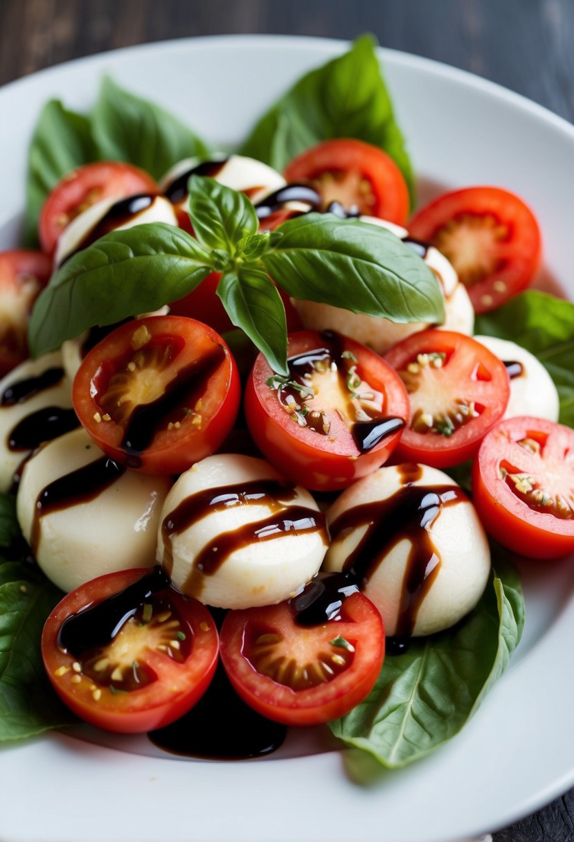 A vibrant Caprese salad with ripe tomatoes, fresh basil, and creamy mozzarella, drizzled with balsamic glaze on a white plate