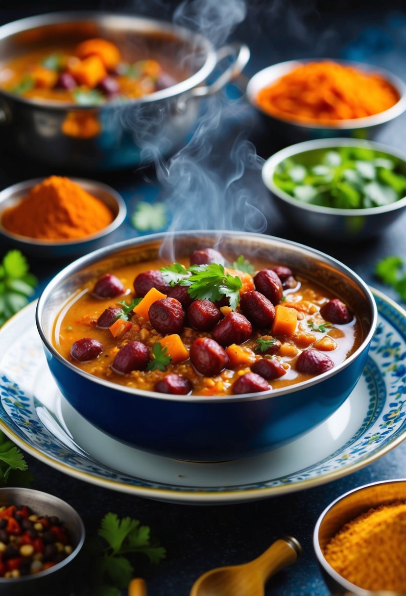 A steaming bowl of Kashmiri Rajma surrounded by vibrant spices and fresh ingredients