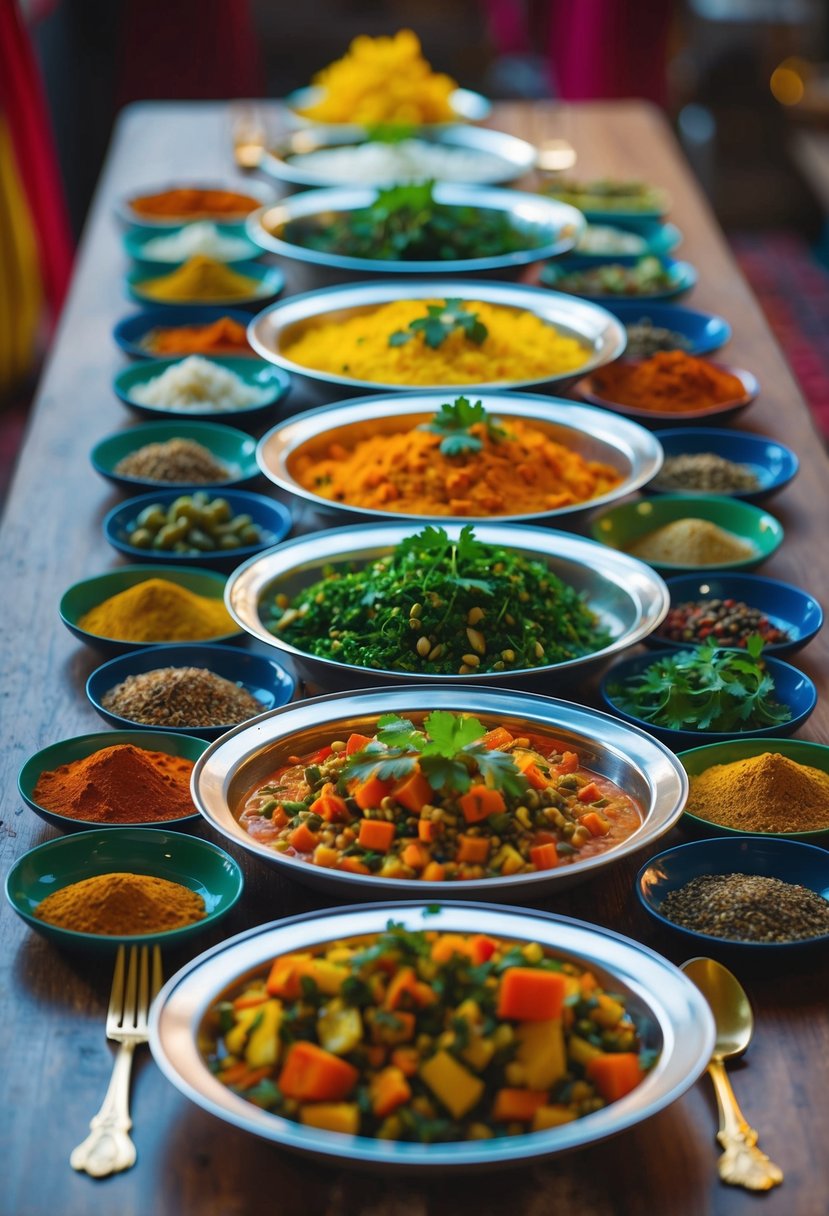 A table set with colorful Kashmiri vegetarian dishes, surrounded by vibrant spices and herbs