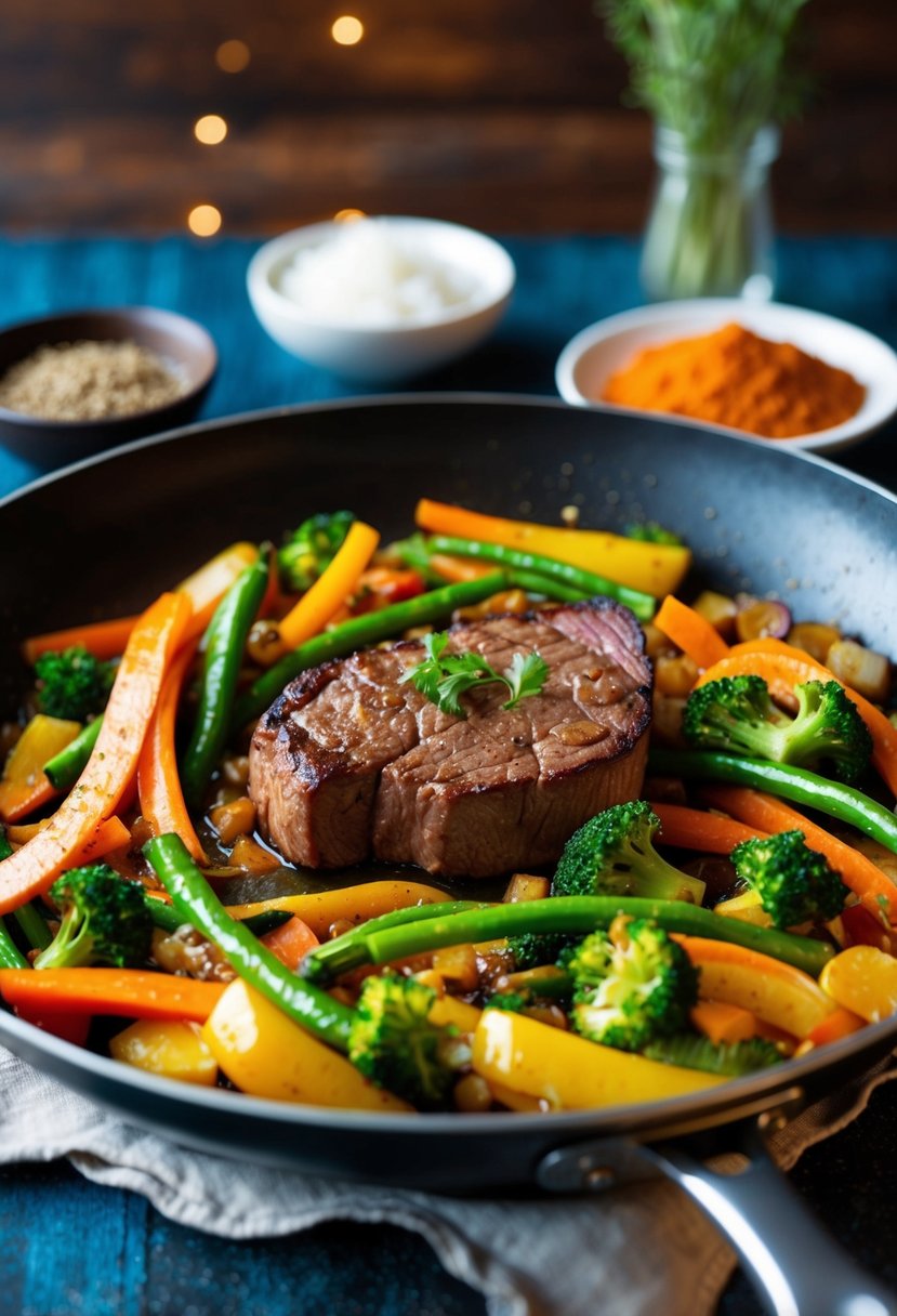 A sizzling striploin steak stir fry in a hot skillet with colorful vegetables and aromatic spices