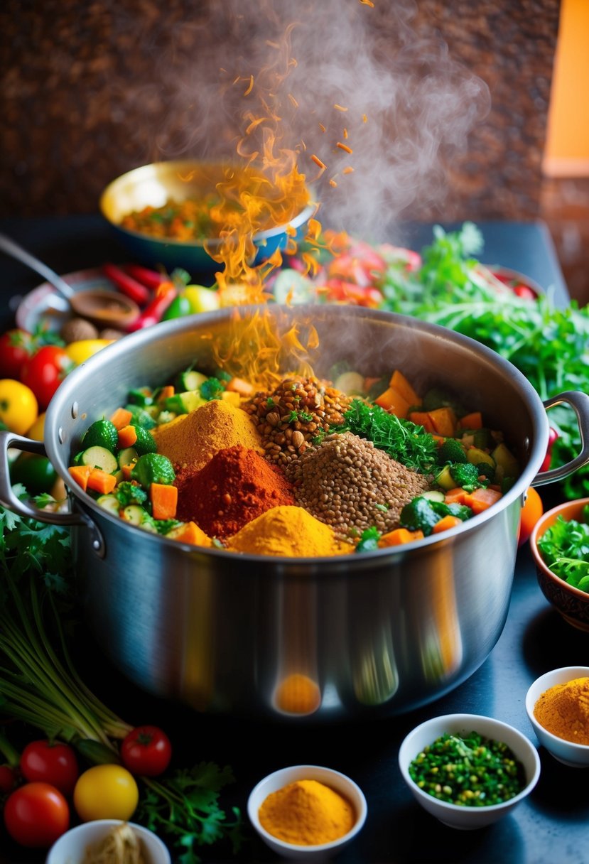 A colorful array of vegetables and aromatic spices being cooked together in a large pot, filling the air with the rich and enticing aroma of Kashmiri cuisine