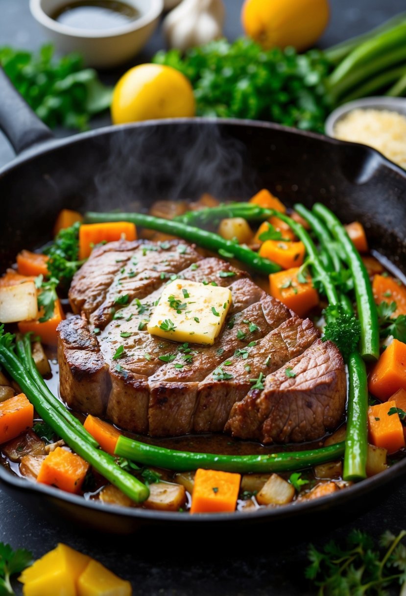 A sizzling striploin steak stir fry in a skillet with garlic butter, surrounded by colorful vegetables and herbs