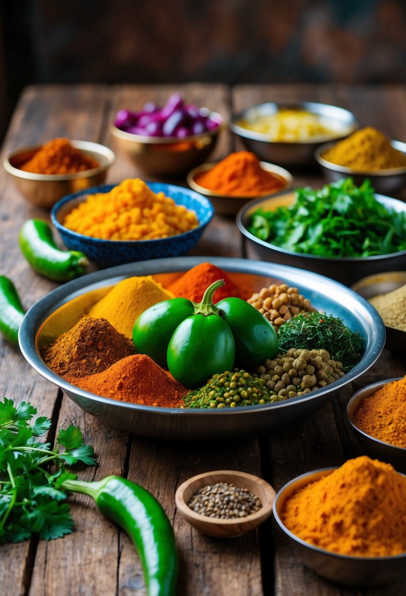 A colorful array of Kashmiri Baingan and other vegetarian ingredients arranged on a rustic wooden table. Rich spices and vibrant produce create an inviting scene